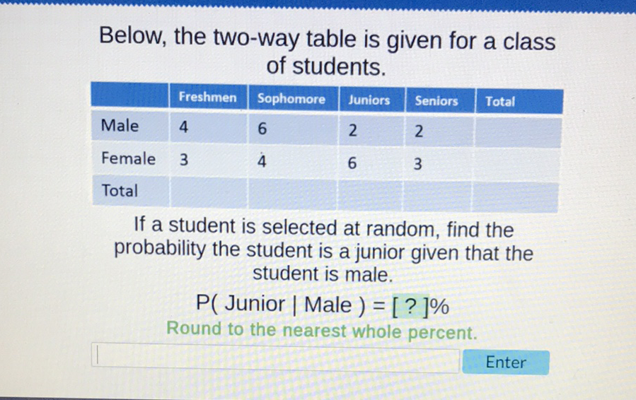 Below, the two-way table is given for a class of students.
\begin{tabular}{|l|l|l|l|l|l|}
\hline & Freshmen & Sophomore & Juniors & Seniors & Total \\
\hline Male & 4 & 6 & 2 & 2 & \\
\hline Female & 3 & 4 & 6 & 3 & \\
\hline Total & & & & & \\
\hline
\end{tabular}
If a student is selected at random, find the probability the student is a junior given that the student is male.
\( P( \) Junior \( \mid \) Male \( )=[?] \% \)
Round to the nearest whole percent.
Enter