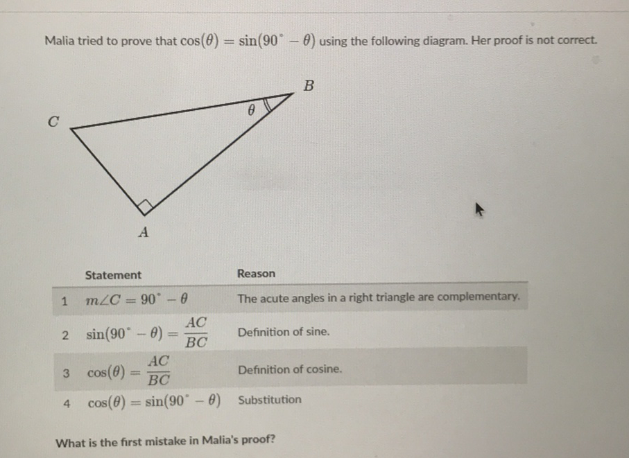 Malia tried to prove that \( \cos (\theta)=\sin \left(90^{\circ}-\theta\right) \) using the following diagram. Her proof is not correct.