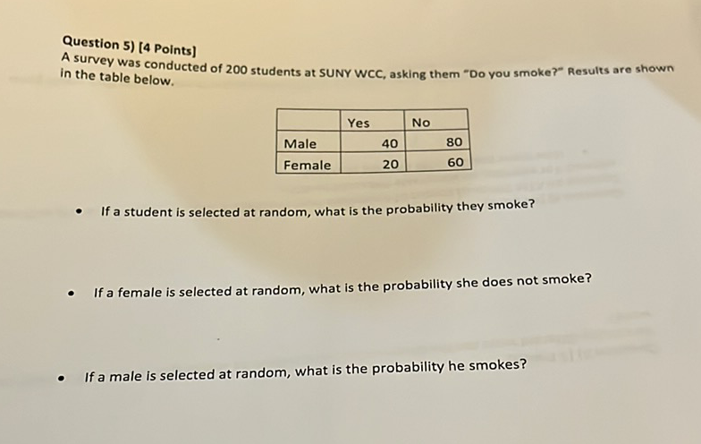 Question 5) [4 Points]
A survey was conducted of 200 students at SUNY WCC, asking them "Do you smoke?" Results are shown in the table below.
\begin{tabular}{|l|r|r|}
\hline & Yes & No \\
\hline Male & 40 & 80 \\
\hline Female & 20 & 60 \\
\hline
\end{tabular}
- If a student is selected at random, what is the probability they smoke?
- If a female is selected at random, what is the probability she does not smoke?
- If a male is selected at random, what is the probability he smokes?