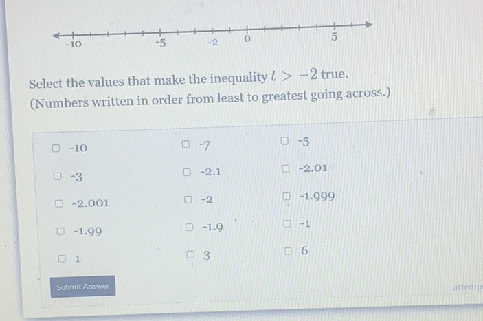 Select the values that make the inequality \( t>-2 \) true.
(Numbers written in order from least to greatest going across.)
\( -10 \)
\( -7 \)
\( -5 \)
\( -3 \)
\( -2.1 \)
\( -2.01 \)
\( -2.001 \)
\( -2 \)
\( -1.999 \)
\( -1.99 \)
\( -1.9 \)
(1) \( -1 \)
1
3
(1) 6
Submit Answer