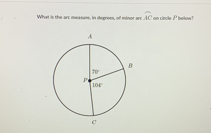 What is the arc measure, in degrees, of minor arc \( A C \) on circle \( P \) below?