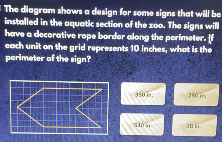 The diagram shows a design for some signs that will be installed in the aquatic section of the zoo. The signs will have a decorative rope border along the perimeter. If each unit on the grid represents 10 inches, what is the perimeter of the sign?