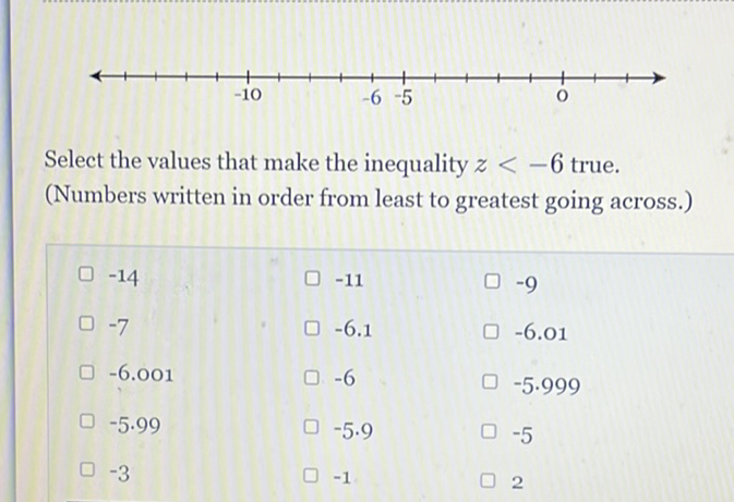 Select the values that make the inequality \( z<-6 \) true. (Numbers written in order from least to greatest going across.)
\( -14 \)
\( -11 \)
\( -9 \)
\( -7 \)
\( -6.1 \)
\( -6.01 \)
\( -6.001 \)
\( -6 \)
\( -5.999 \)
\( -5.99 \)
\( -5.9 \)
\( -5 \)
\( -3 \)
\( -1 \)
2