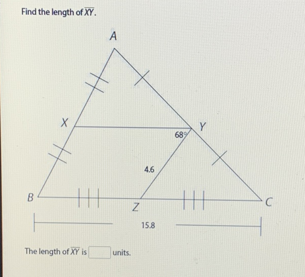 Find the length of \( \overline{X Y} \).
The length of \( \overline{X Y} \) is units.