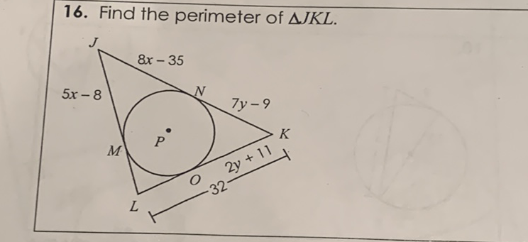 16. Find the perimeter of \( \triangle J K L \).