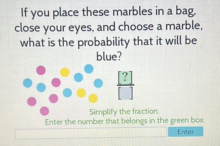 If you place these marbles in a bag, close your eyes, and choose a marble, what is the probability that it will be blue?
\( \frac{[?]}{[]} \)
Simplify the fraction.
Enter the number that belongs in the green box.
Enter