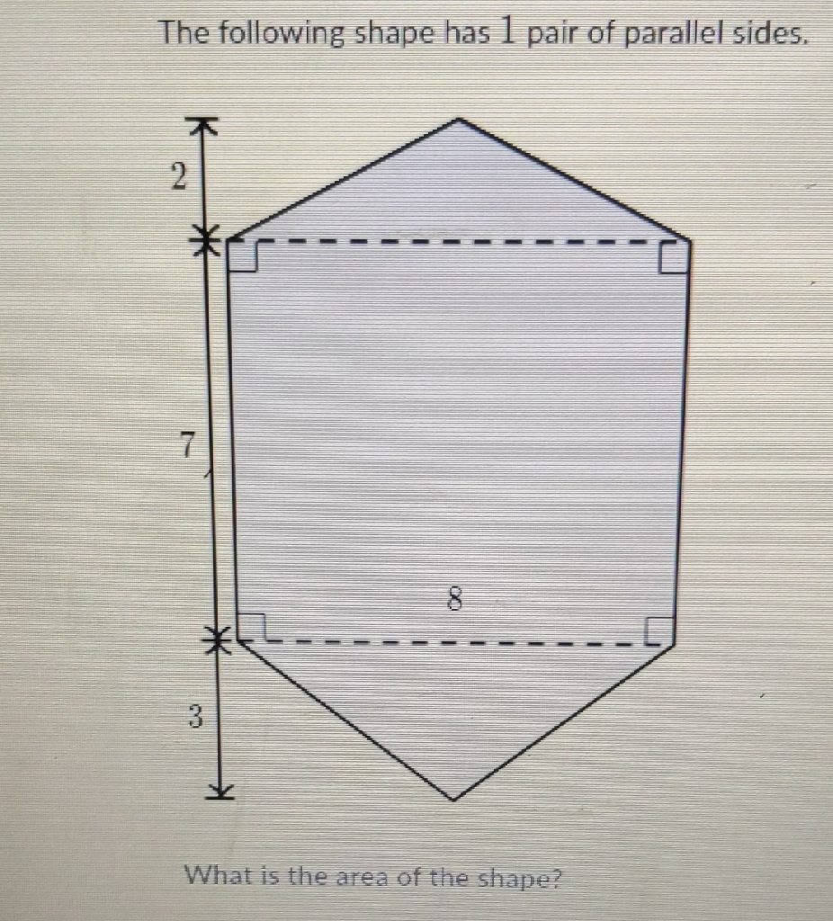 The following shape has 1 pair of parallel sides.
What is the area of the shape?