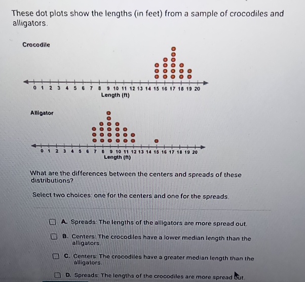 These dot plots show the lengths (in feet) from a sample of crocodiles and alligators.
Crocodile
Alligator
What are the dirf
Select two choices: one for the centers and one for the spreads.
A. Spreads: The lengths of the alligators are more spread out.
B. Centers: The crocodiles have a lower median length than the alligators.

C. Centers. The crocodiles have a greater median length than the alligators.
D. Spreads The lengths of the crocodiles are more spread but.