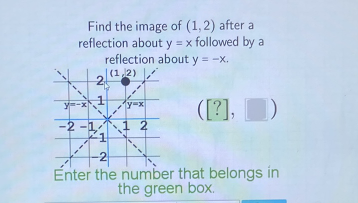 Find the image of \( (1,2) \) after a reflection about \( y=x \) followed by \( a \) reflection about \( \mathrm{y}=-\mathrm{x} \). the green box.