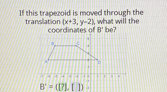 If this trapezoid is moved through the translation \( (x+3, y-2) \), what will the coordinates of \( B^{\prime} \) be?