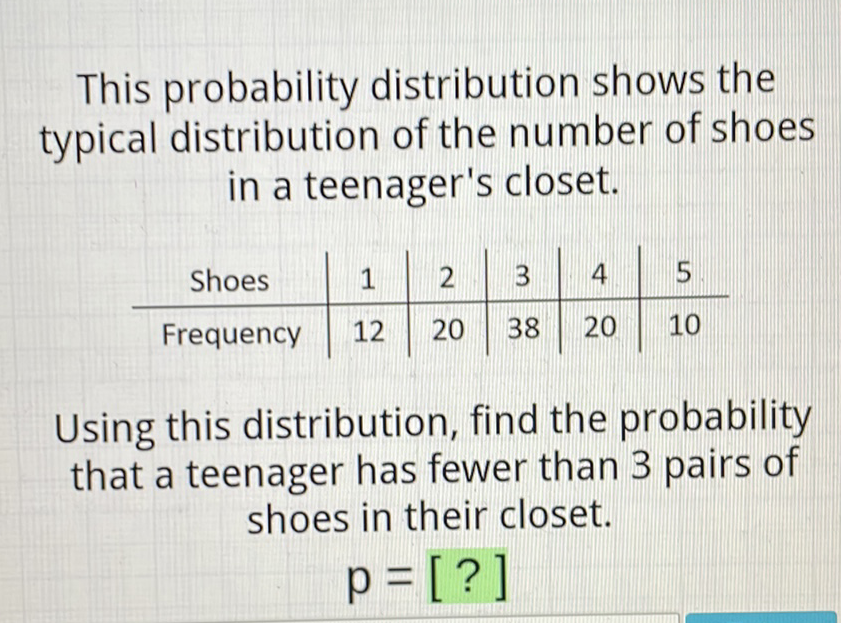 This probability distribution shows the typical distribution of the number of shoes in a teenager's closet.
\begin{tabular}{c|c|c|c|c|c} 
Shoes & 1 & 2 & 3 & 4 & 5 \\
\hline Frequency & 12 & 20 & 38 & 20 & 10
\end{tabular}
Using this distribution, find the probability that a teenager has fewer than 3 pairs of shoes in their closet.
\[
p=[?]
\]