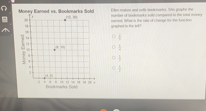 Money Earned vs. Bookmarks Sold Ellen makes and sells bookmarks. She graphs the Ty En_ number of bookmarks sold compared to the total money