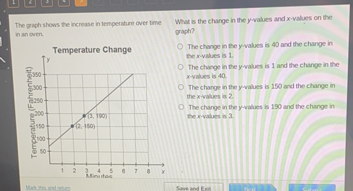The graph shows the increase in temperature over time What is the change in the \( y \)-values and \( x \)-values on the in an oven. graph?
Temperature Change \( \quad \) The change in the \( y \)-values is 40 and the change in O \( \uparrow y \) The change in the \( y \)-values is 1 and the change in the \( x \)-values is 40 .
The change in the \( y \)-values is 150 and the change in the \( x \)-values is 2 .
The change in the \( y \)-values is 190 and the change in the \( x \)-values is 3 .