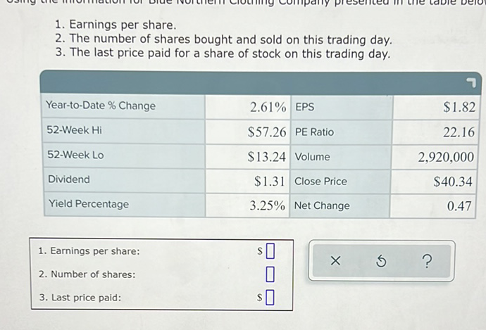 1. Earnings per share.
2. The number of shares bought and sold on this trading day.
3. The last price paid for a share of stock on this trading day.
\begin{tabular}{|l|r|l|r|}
\hline Year-to-Date \% Change & \( 2.61 \% \) & EPS & \( \$ 1.82 \) \\
\hline 52 -Week Hi & \( \$ 57.26 \) & PE Ratio & \( 22.16 \) \\
\hline 52 -Week Lo & \( \$ 13.24 \) & Volume & \( 2,920,000 \) \\
\hline Dividend & \( \$ 1.31 \) & Close Price & \( \$ 40.34 \) \\
\hline Yield Percentage & \( 3.25 \% \) & Net Change & \( 0.47 \) \\
\hline
\end{tabular}
1. Earnings per share:
2. Number of shares:
3. Last price paid: