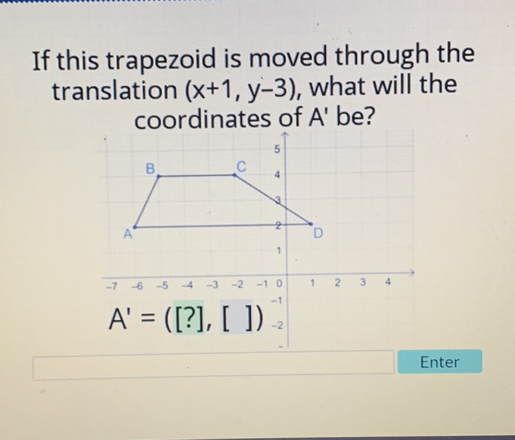 If this trapezoid is moved through the translation \( (x+1, y-3) \), what will the coordinates of \( A^{\prime} \) be?

Enter