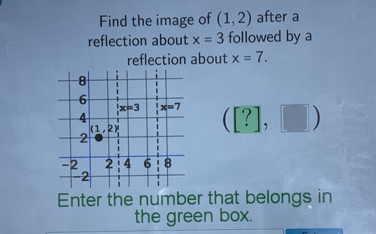 Find the image of \( (1,2) \) after a reflection about \( x=3 \) followed by a reflection about \( x=7 \).
Enter the number that belongs in the green box.