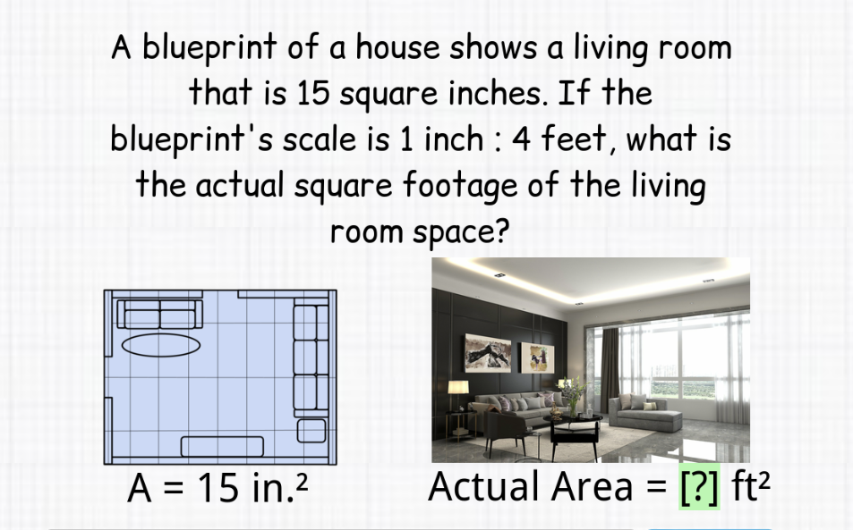 A blueprint of a house shows a living room that is 15 square inches. If the blueprint's scale is 1 inch: 4 feet, what is the actual square footage of the living room space?