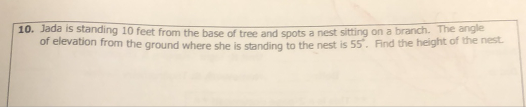 10. Jada is standing 10 feet from the base of tree and spots a nest sitting on a branch. The angle of elevation from the ground where she is standing to the nest is \( 55^{\circ} \). Find the height of the nest.