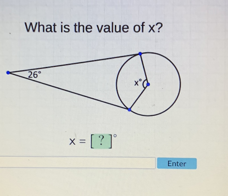 What is the value of \( x \) ?
\[
x=[?]^{\circ}
\]
Enter