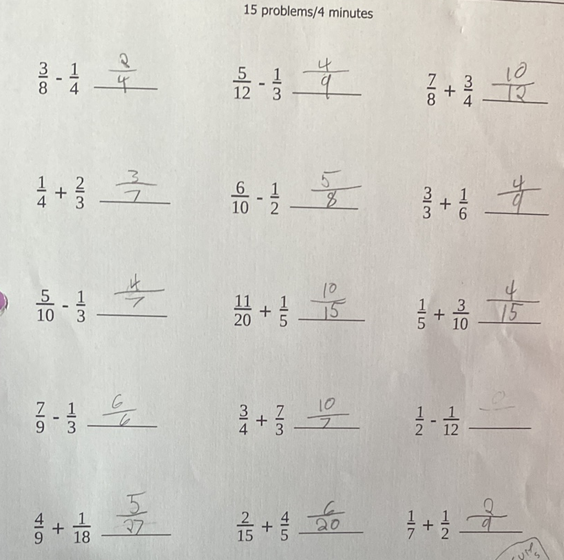 \( \frac{3}{8}-\frac{1}{4} \frac{\frac{2}{4}}{12}-\frac{5}{3} \frac{\frac{4}{9}}{8}+\frac{3}{4} \quad \frac{7}{12} \)
\( \frac{1}{4}+\frac{2}{3} \frac{\frac{3}{7}}{\frac{6}{10}-\frac{1}{2} \frac{5}{8}} \quad \frac{3}{3}+\frac{1}{6} \quad \frac{4}{9} \)
\( \frac{5}{10}-\frac{1}{3} \frac{\frac{4}{7}}{\frac{11}{20}+\frac{1}{5} \frac{10}{15}} \quad \frac{1}{5}+\frac{3}{10} \frac{\frac{4}{15}}{\frac{10}{15}} \)
\( \frac{7}{9}-\frac{1}{3} \frac{6}{6} \quad \frac{3}{4}+\frac{7}{3} \frac{10}{7} \quad \frac{1}{2}-\frac{1}{12}-\frac{1-}{\square} \)
\( \frac{4}{9}+\frac{1}{18} \frac{\frac{5}{27}}{\square} \quad \frac{2}{15}+\frac{4}{5} \frac{\frac{6}{20}}{7}+\frac{1}{2}+\frac{2}{9} \)