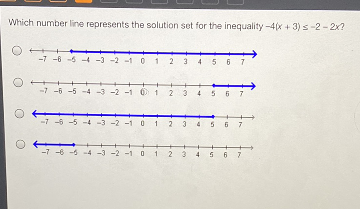 Which number line represents the solution set for the inequality \( -4(x+3) \leq-2-2 x ? \)