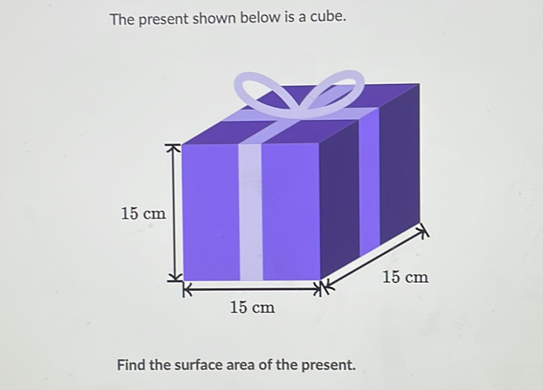 The present shown below is a cube.
Find the surface area of the present.