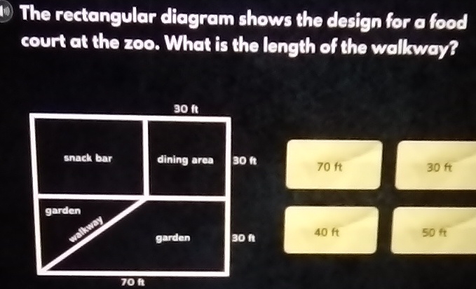 11) The rectangular diagram shows the design for a food court at the zoo. What is the length of the wallsway?