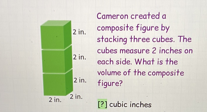 Cameron created a
2 in. composite figure by stacking three cubes. The cubes measure 2 inches on each side. What is the volume of the composite figure?
2 in. 2 in.
[?] cubic inches