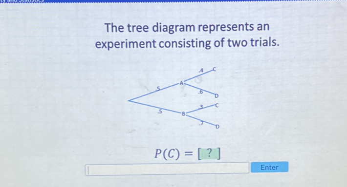 The tree diagram represents an experiment consisting of two trials.
\[
P(C)=[?]
\]
Enter