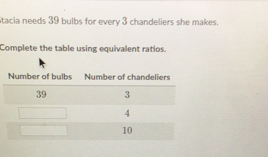itacia needs 39 bulbs for every 3 chandeliers she makes.
Complete the table using equivalent ratios.
\begin{tabular}{cc} 
Number of bulbs & Number of chandeliers \\
\hline 39 & 3 \\
\hline & 4 \\
10
\end{tabular}