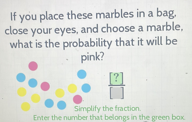 If you place these marbles in a bag, close your eyes, and choose a marble, what is the probability that it will be pink?
\( \frac{[?]}{[]} \)
Simplify the fraction.
Enter the number that belongs in the green box.