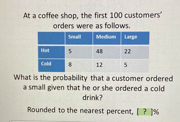 At a coffee shop, the first 100 customers' orders were as follows.
\begin{tabular}{|l|l|l|l|}
\hline & Small & Medium & Large \\
\hline Hot & 5 & 48 & 22 \\
\hline Cold & 8 & 12 & 5 \\
\hline
\end{tabular}
What is the probability that a customer ordered a small given that he or she ordered a cold drink?

Rounded to the nearest percent, [ ? ]\%