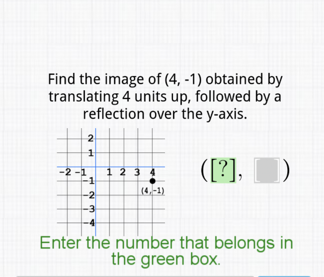 Find the image of \( (4,-1) \) obtained by translating 4 units up, followed by a reflection over the \( y \)-axis.

Enter the number that belongs in the green box.