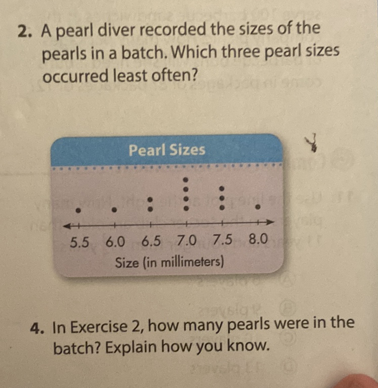 2. A pearl diver recorded the sizes of the pearls in a batch. Which three pearl sizes occurred least often?
4. In Exercise 2, how many pearls were in the batch? Explain how you know.