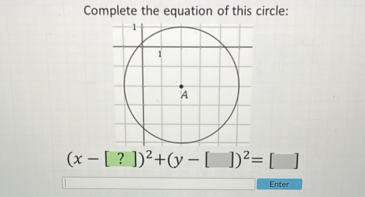 Complete the equation of this circle:
\[
(x-[?])^{2}+(y-[])^{2}=[]
\]
Enter