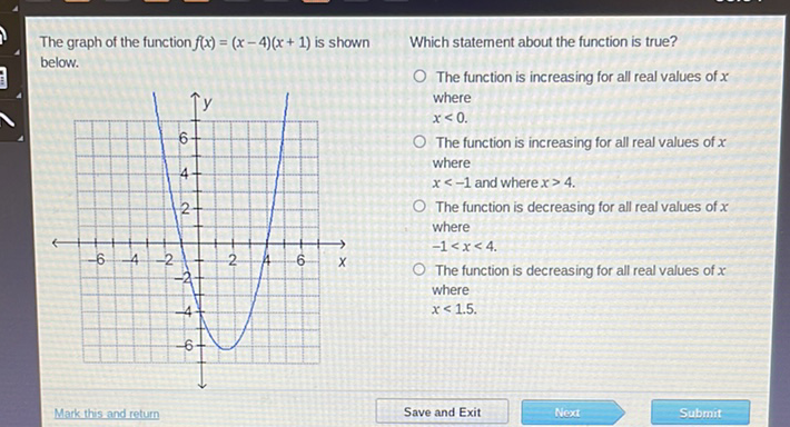 The graph of the function \( f(x)=(x-4)(x+1) \) is shown Which statement about the function is true? below.