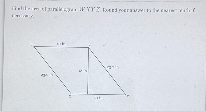 Find the area of parallelogram \( W X Y Z \). Round your answer to the nearest tenth if necessary.