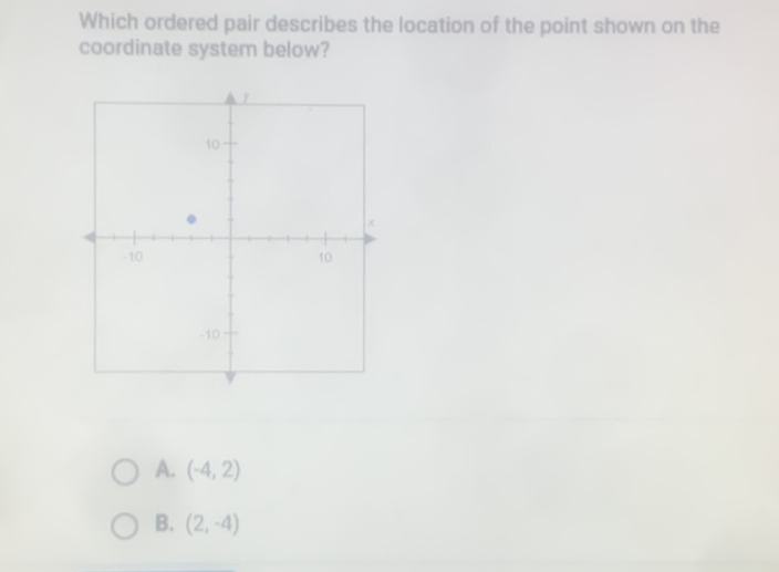 Which ordered pair describes the location of the point shown on the coordinate system below?
A. \( (-4,2) \)
B. \( (2,-4) \)