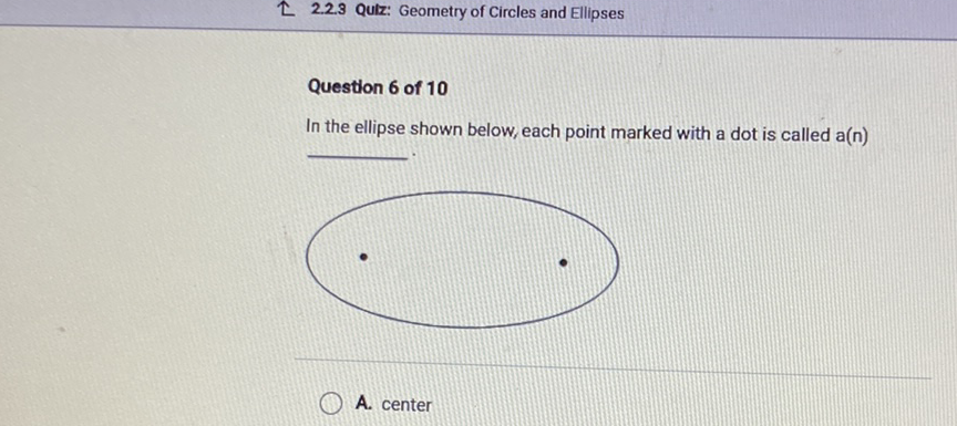 亡 2.2.3 Qulz: Geometry of Circles and Ellipses
Question 6 of 10
In the ellipse shown below, each point marked with a dot is called a(n)
A. center