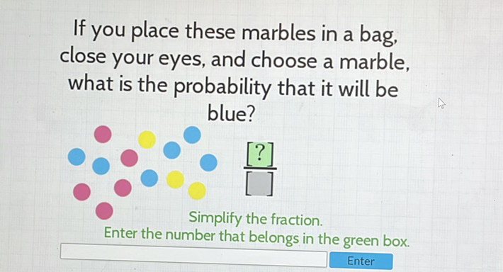 If you place these marbles in a bag, close your eyes, and choose a marble, what is the probability that it will be blue?
\( \frac{[?]}{[]} \)
Simplify the fraction.
Enter the number that belongs in the green box.