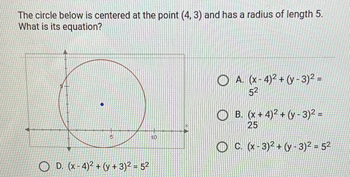 The circle below is centered at the point \( (4,3) \) and has a radius of length \( 5 . \) What is its equation?
D. \( (x-4)^{2}+(y+3)^{2}=5^{2} \)
