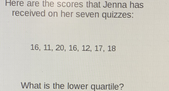 Here are the scores that Jenna has received on her seven quizzes:
\( 16,11,20,16,12,17,18 \)
What is the lower quartile?