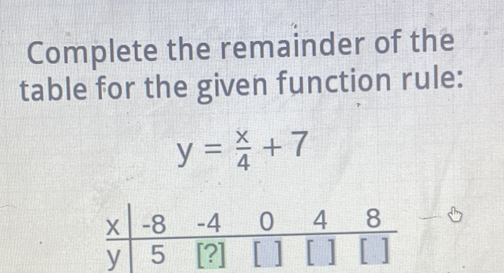 Complete the remainder of the table for the given function rule:
\[
y=\frac{x}{4}+7
\]
\begin{tabular}{c|ccccc}
\( x \) & \( -8 \) & \( -4 \) & 0 & 4 & 8 \\
\hline\( y \) & 5 & {\( [?] \)} & []\( ] \) & {[]} & {[]}
\end{tabular}