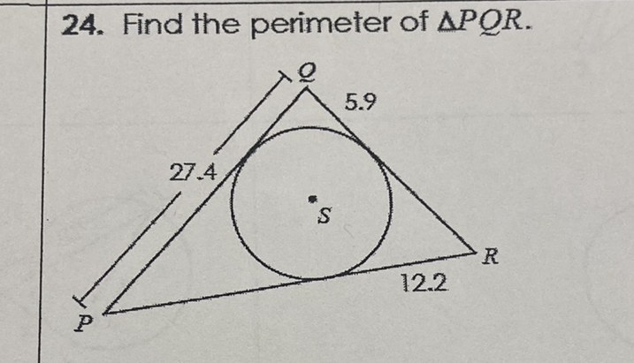 24. Find the perimeter of \( \triangle P Q R \).