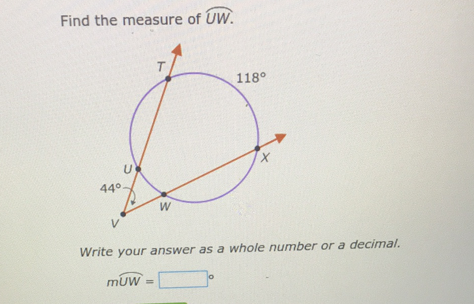 Find the measure of \( \overparen{U W} \).
Write your answer as a whole number or a decimal.