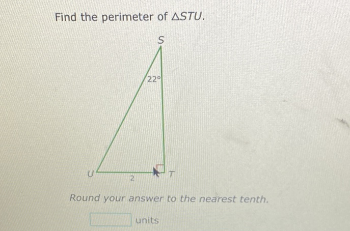 Find the perimeter of \( \triangle S T U \).
Round your answer to the nearest tenth.
units