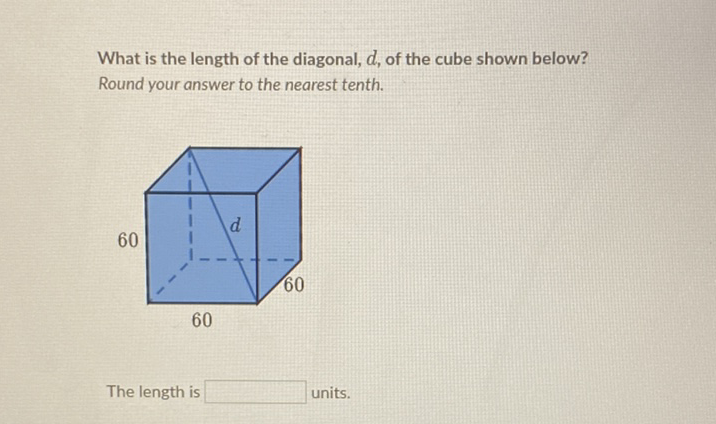 What is the length of the diagonal, \( d \), of the cube shown below? Round your answer to the nearest tenth.
The length is units.