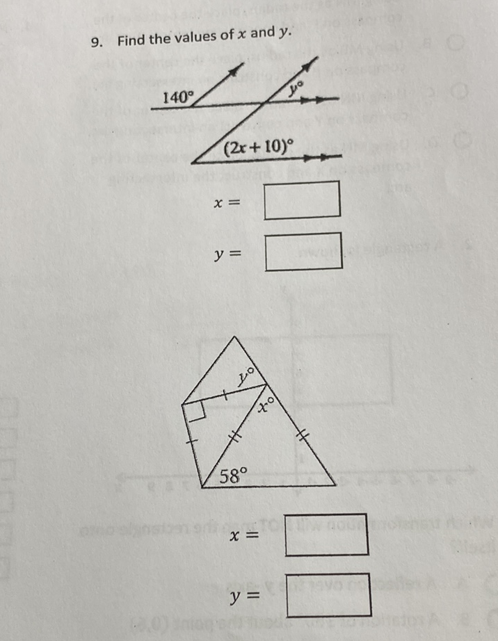 9. Find the values of \( x \) and \( y \).
\[
x=
\]
\[
y=
\]
\[
y=
\]