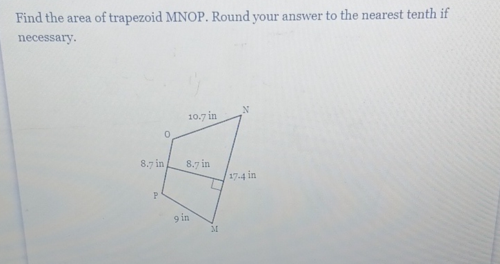 Find the area of trapezoid MNOP. Round your answer to the nearest tenth if necessary.