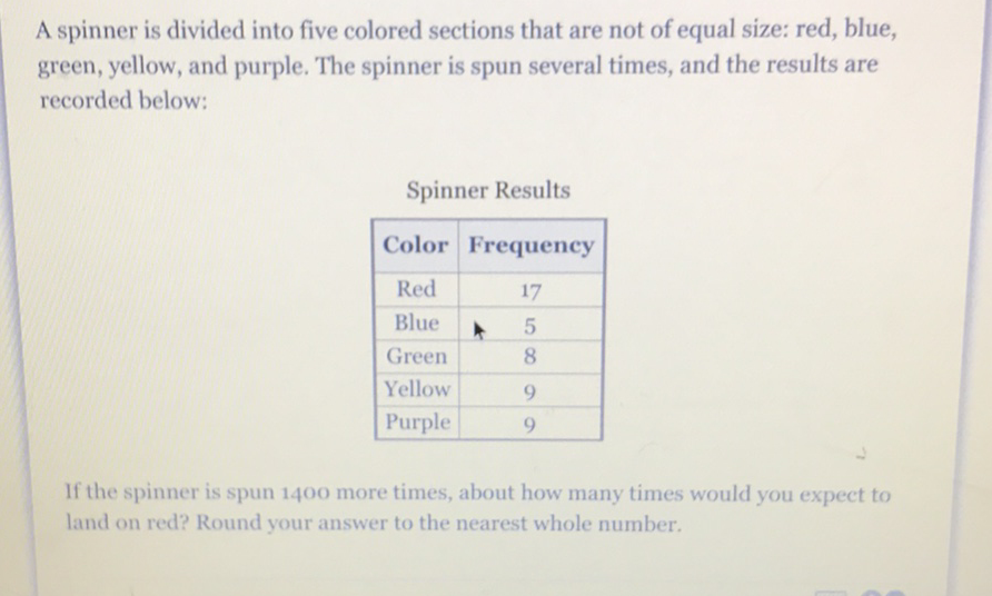 A spinner is divided into five colored sections that are not of equal size: red, blue, green, yellow, and purple. The spinner is spun several times, and the results are recorded below:
Spinner Results
\begin{tabular}{|c|c|}
\hline Color & Frequency \\
\hline Red & 17 \\
\hline Blue & 5 \\
\hline Green & 8 \\
\hline Yellow & 9 \\
\hline Purple & 9 \\
\hline
\end{tabular}
If the spinner is spun 1400 more times, about how many times would you expect to land on red? Round your answer to the nearest whole number.